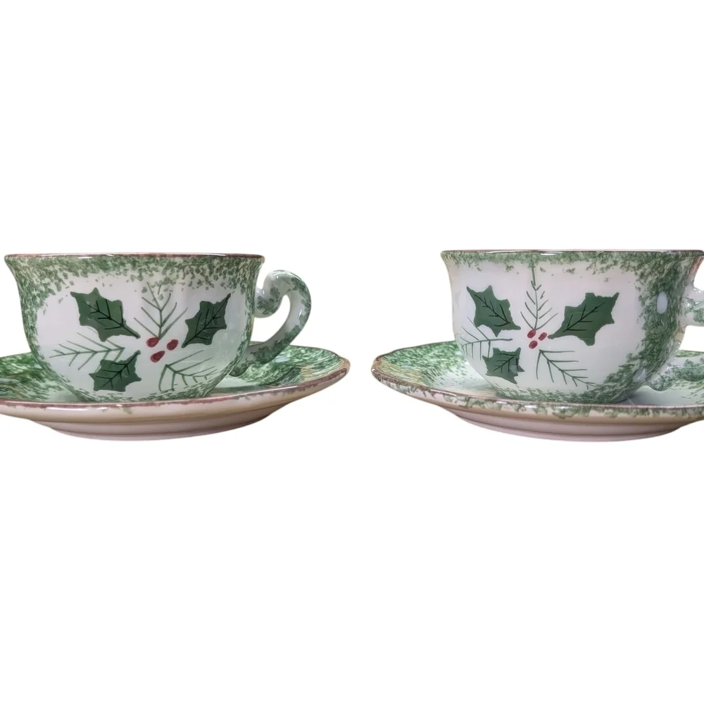 Festive Green White Holly Mistletoe Teacup Set Matching Cups Saucers Coffee Tea